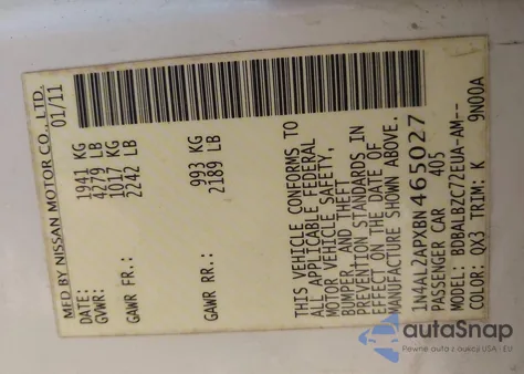 2011 Nissan Altima 2.5 S из США, поврежденный, VIN 1N4AL2APXBN465027